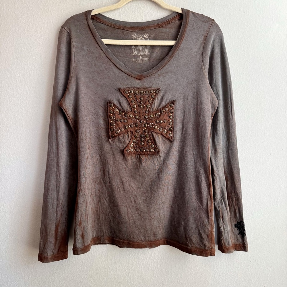 Velvet Stone Shirt Studded Cross Long Sleeve Scoop Neck L Brown